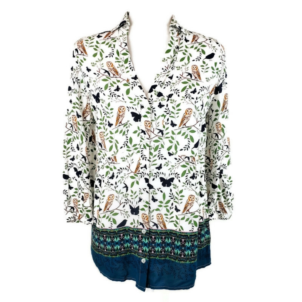 Anthro x Maeve Owl Print Woodland Walk Shirt sz 4